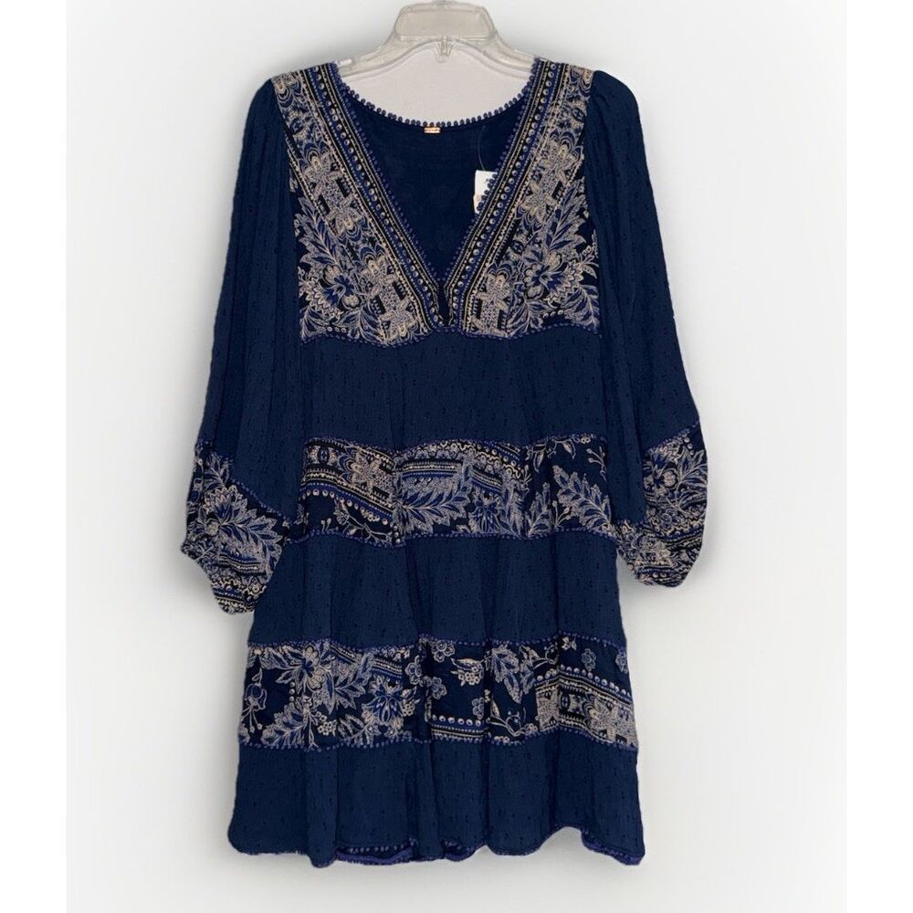 Free People My‎ Love Mini Dress Boho Hippie Balloon Sleeve Blue Floral Patch XS - Picture 2 of 16